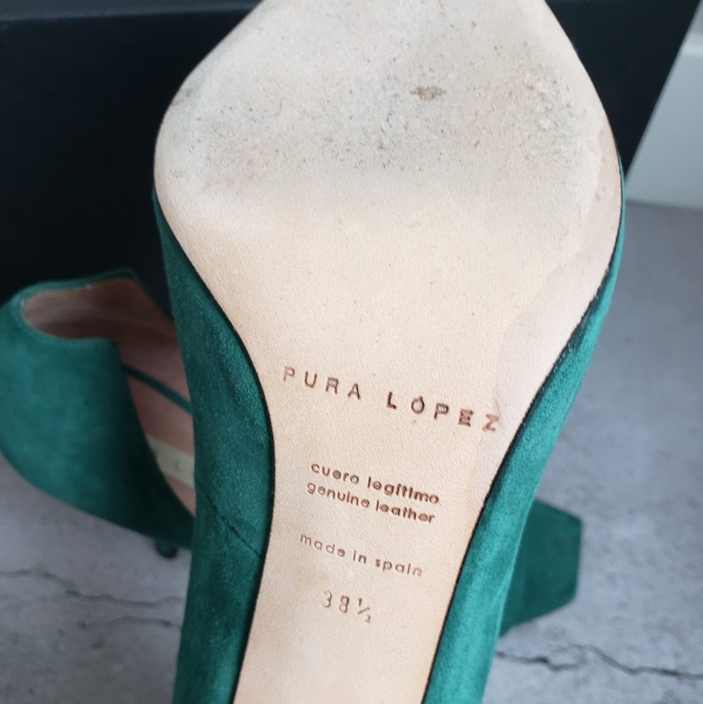 Pura Lopez Emerald Green Suede Peep Toe Pumps Sz 38.5 - Picture 13 of 15